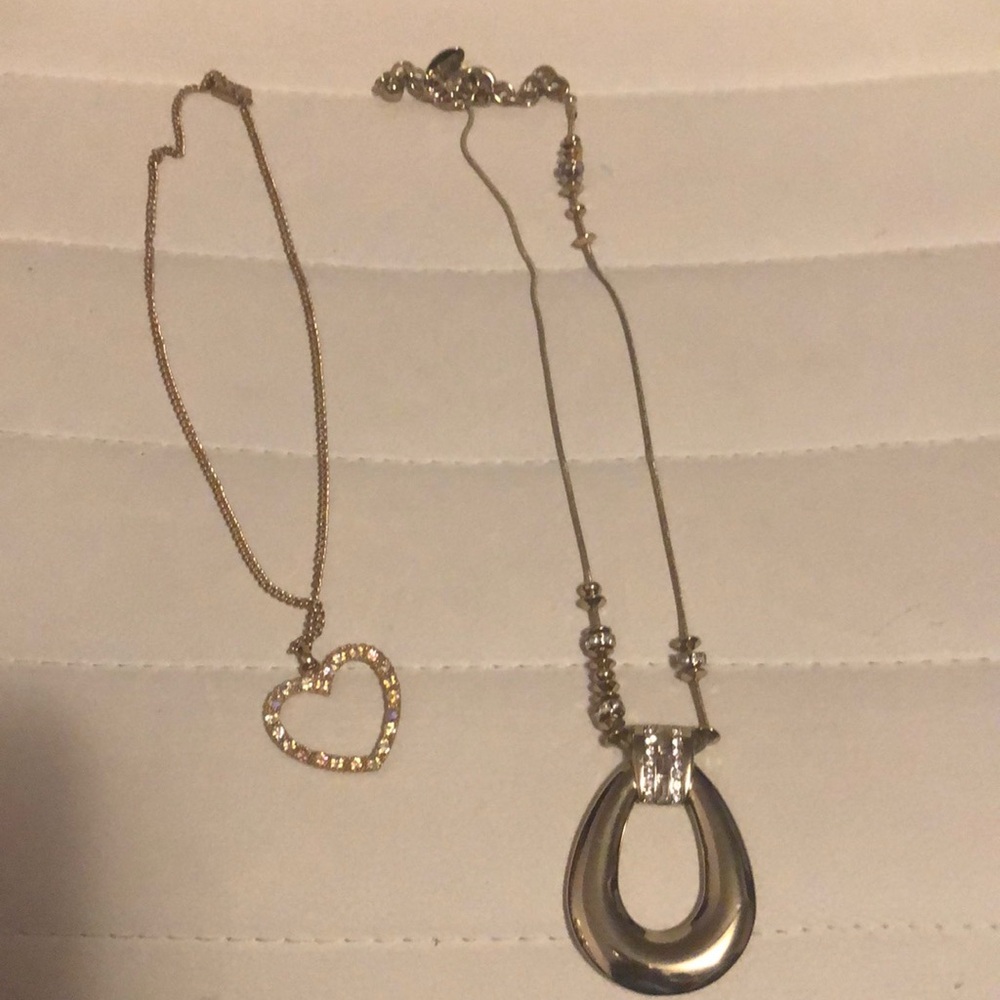 2 sparkling shiny gold chain necklaces with pendants one has heart ❤️ pendant